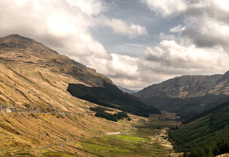 Glen viewpoint with forestry and hills