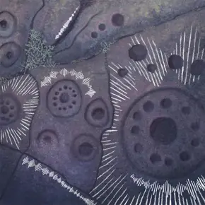 Pale blue art depiction of cave art with green foliage