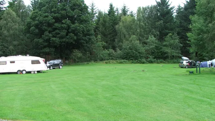 Green grassy field with gravel road through it and trees beyond, with a parked caravan