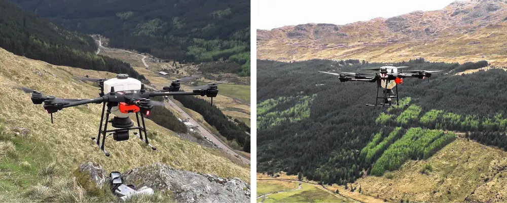 two shots of a drone planting tree seeds 