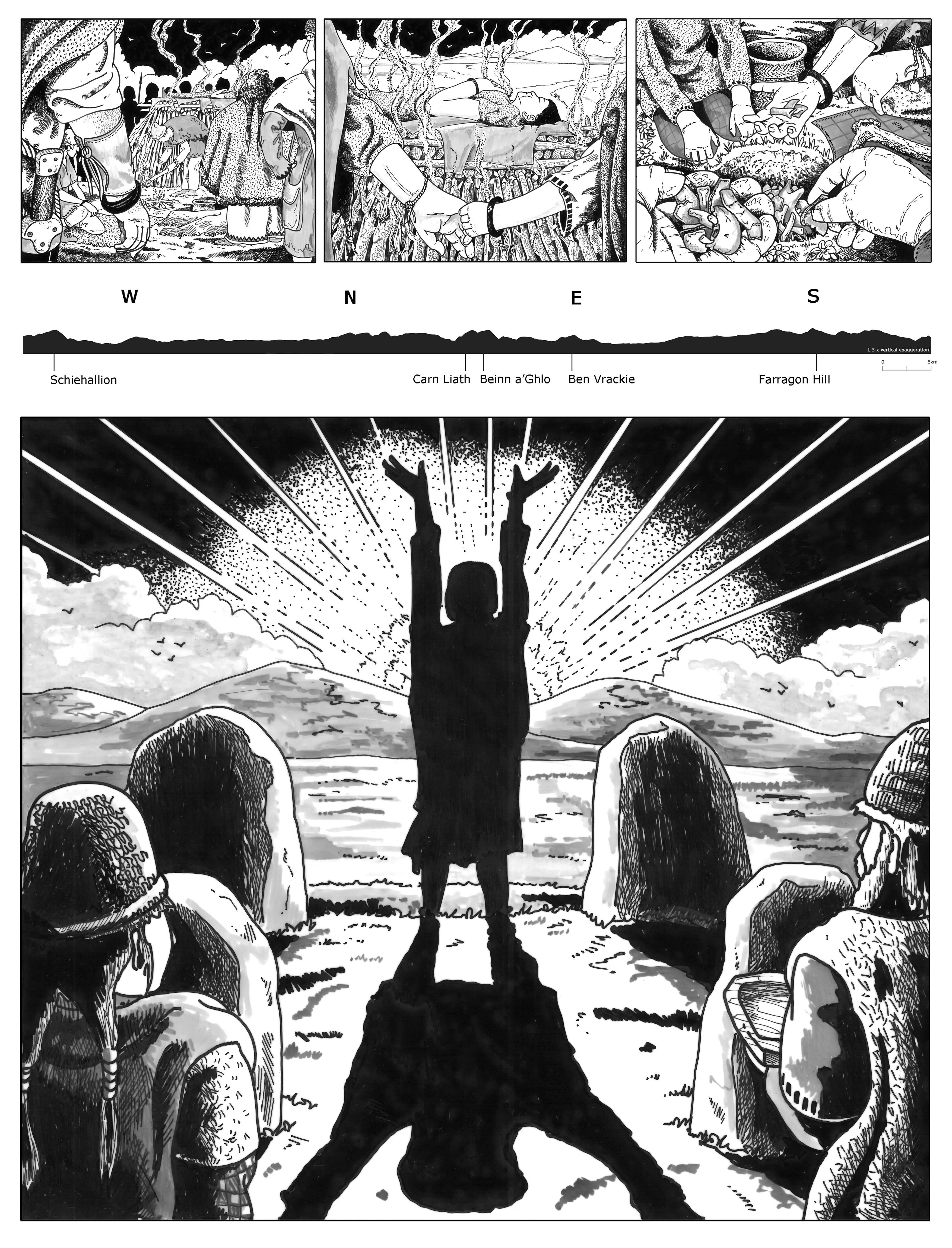 Black and white graphic of a person standing in the middle of a stone circle