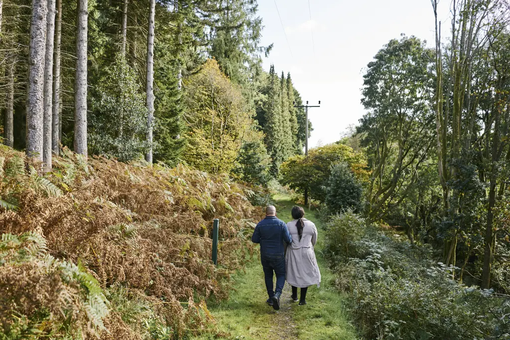 Two people walking along a forest path at Kilmun arboretum.