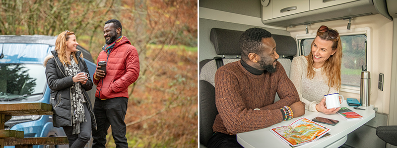 two images showing a couple standing next to a motor home and sitting inside it with a map