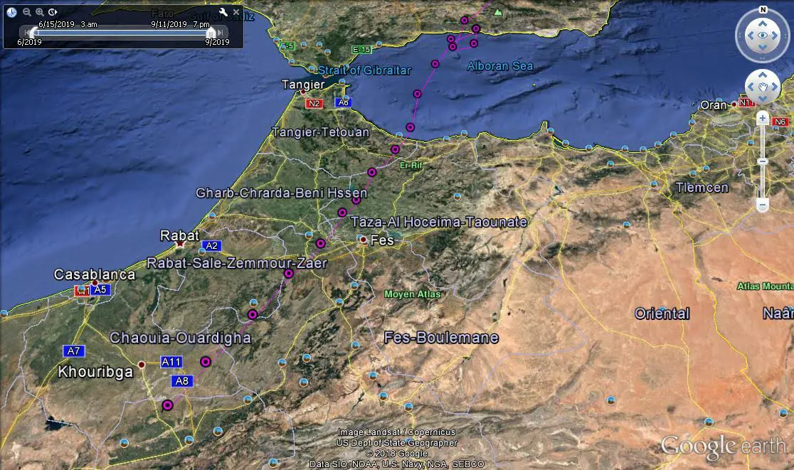 Map of north Africa with osprey flightpath marked