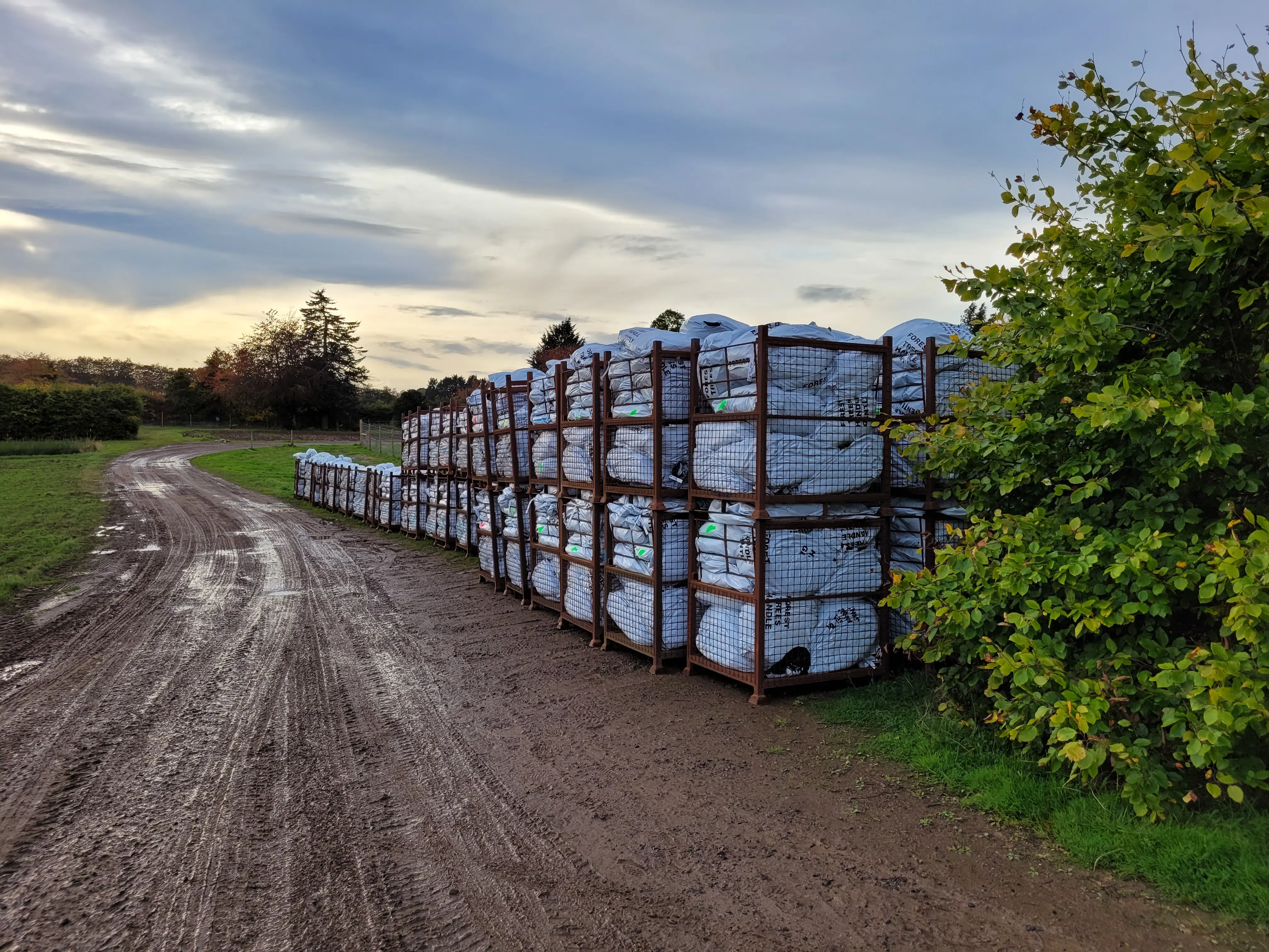 Creates full of white bags at the side of a farm track.