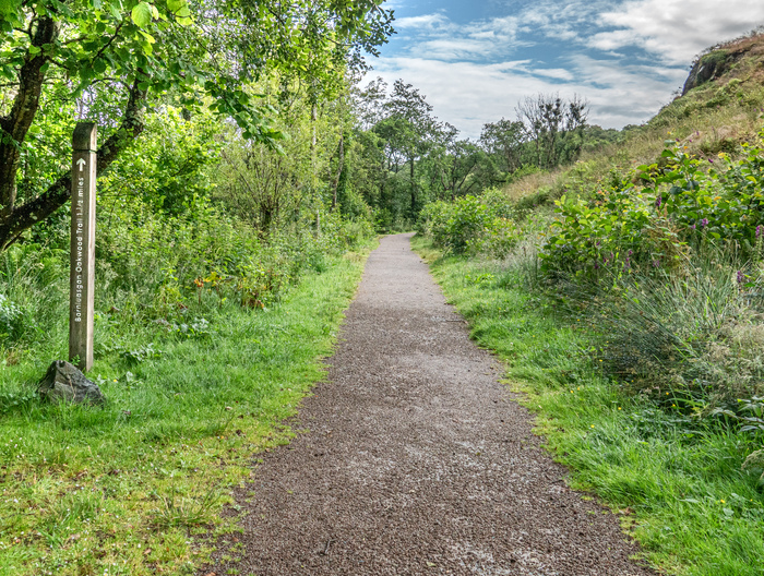  A gravel path through a woodland with a trail sign