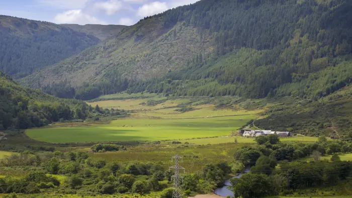 Long view of farm in valley with forests on hillside, Carradale, Kintyre