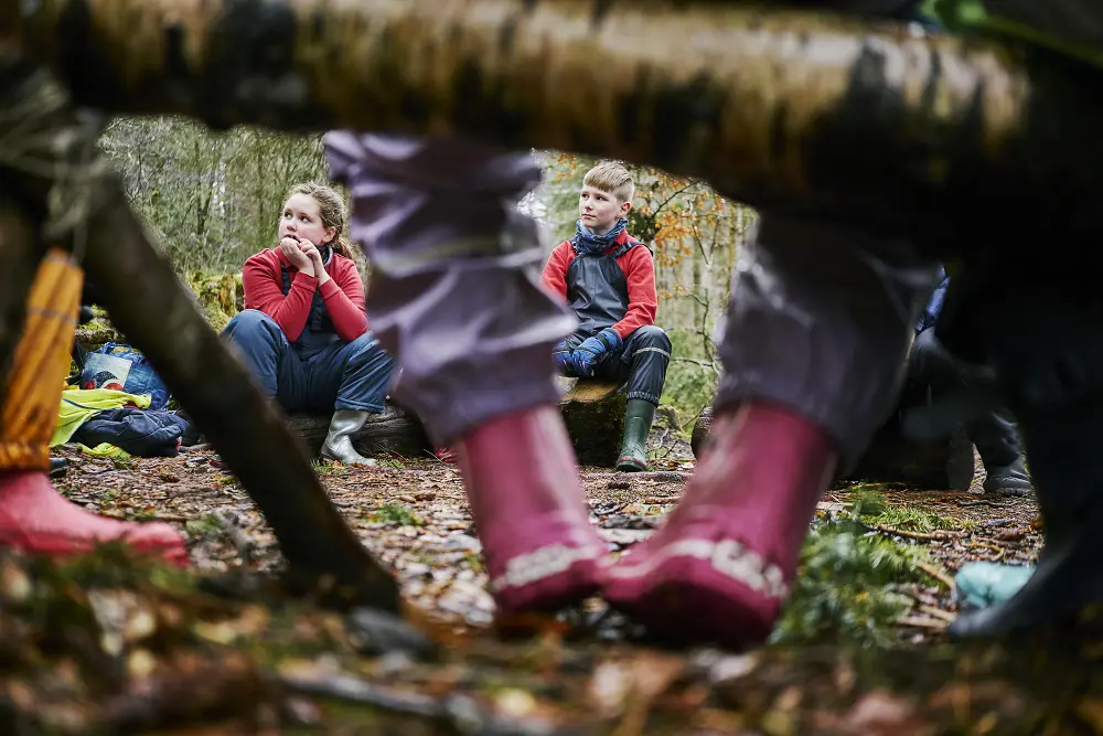 Children sitting on logs during an outdoor learning class