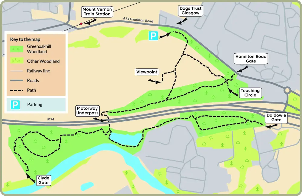 A map of Greenoakhill walking trails with index