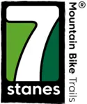 7stanes logo, a white seven in a black box with green background. The word 'stanes' is under the '7' and the words 'Mountain Bike Trails' beside it.