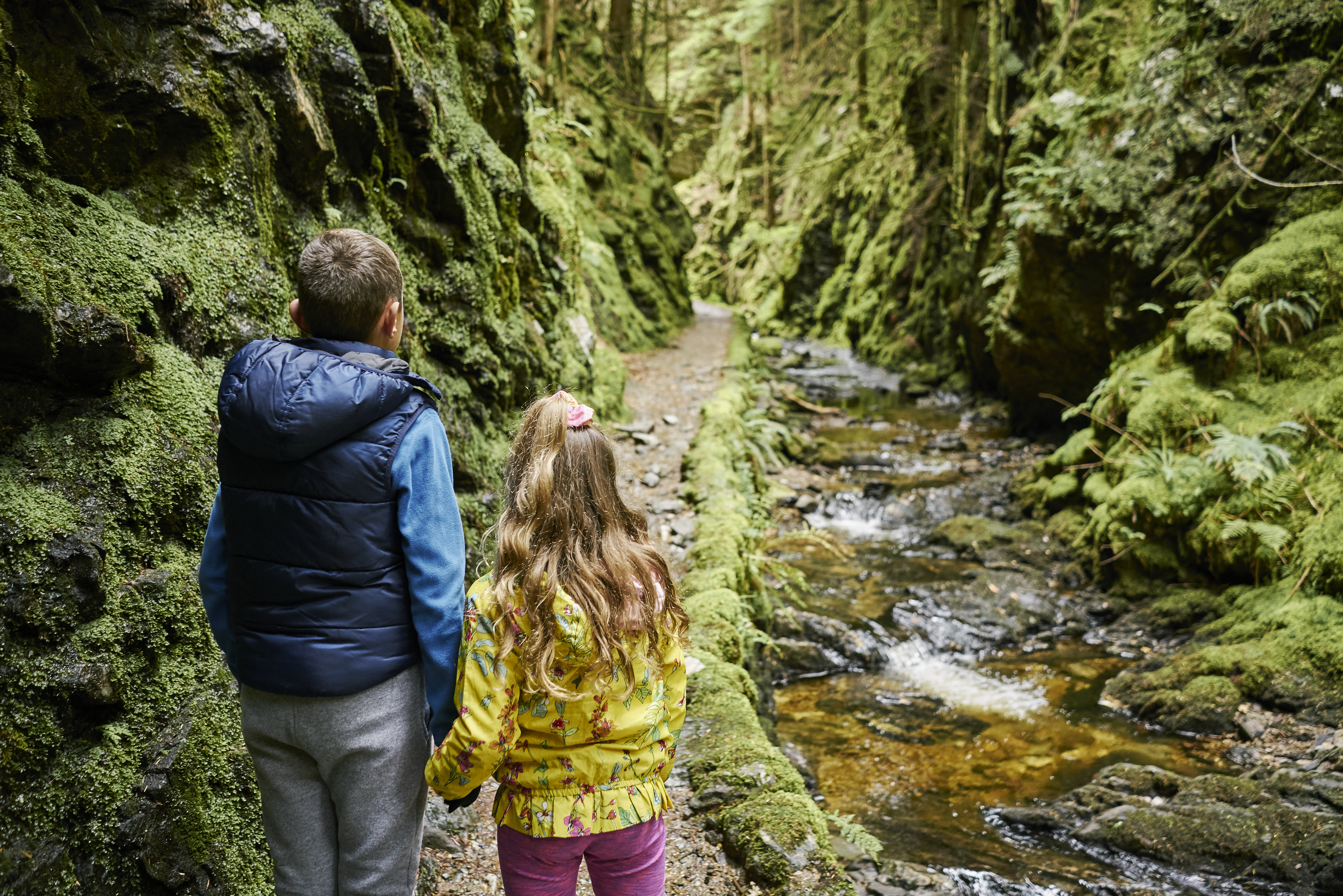 Boy and girl walking up the gorge at Puck's Glen, holding hands