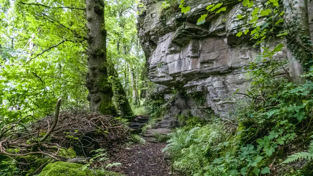 A gravel walking path next to a giant rock wall