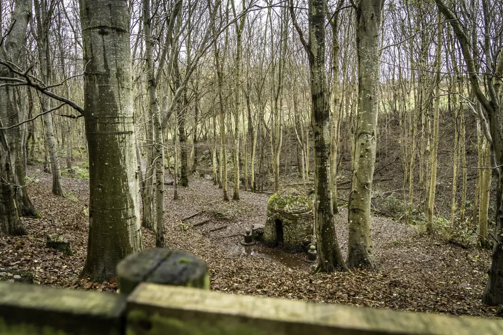 A stone hut in a broadleaf forest in winter.