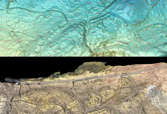 3D model of Brunell township on the Isle of Skye. The top shows the hill-shaded basic terrain model, lit from the south, highlighting the footings of the buildings. The bottom shows the real colour terrain model which uses photography to present the site as it looks from the air. 