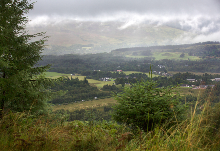 Broad green valley with pockets of woods, fields and houses on a wet and cloudy day.